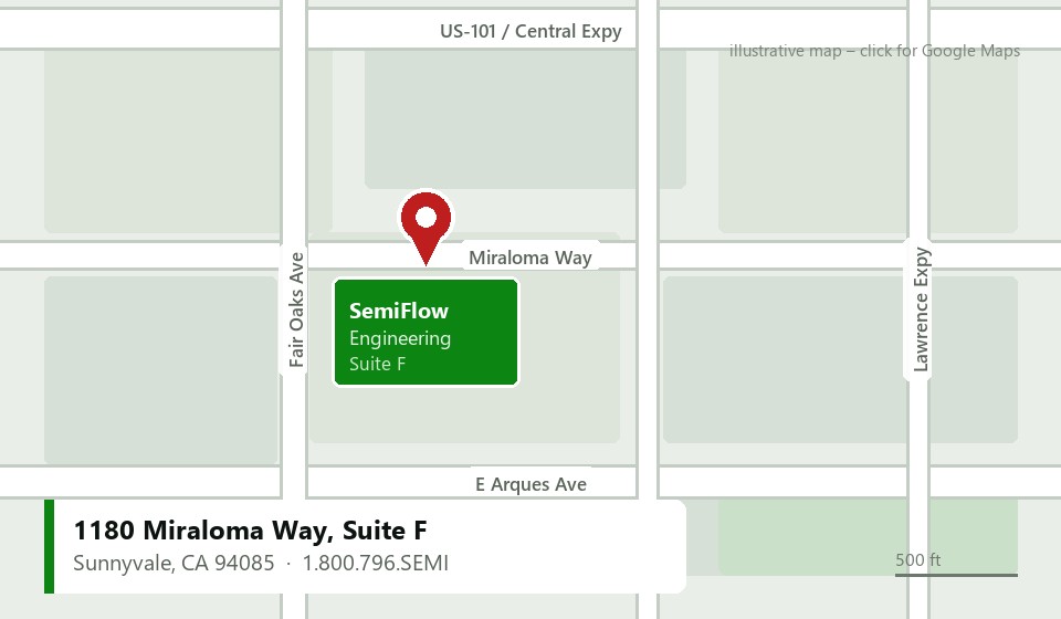 Map of the SemiFlow lab at 1180 Miraloma Way, Suite F, Sunnyvale